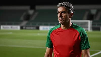 A 35-year-old, 5'10" male coach with a rugged build, wearing a plain, dark red and green, polyester training top, stands...