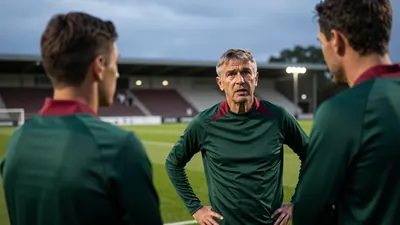 A 50-year-old male coach with a weathered complexion, dressed in a plain, dark green and dark red striped training top...