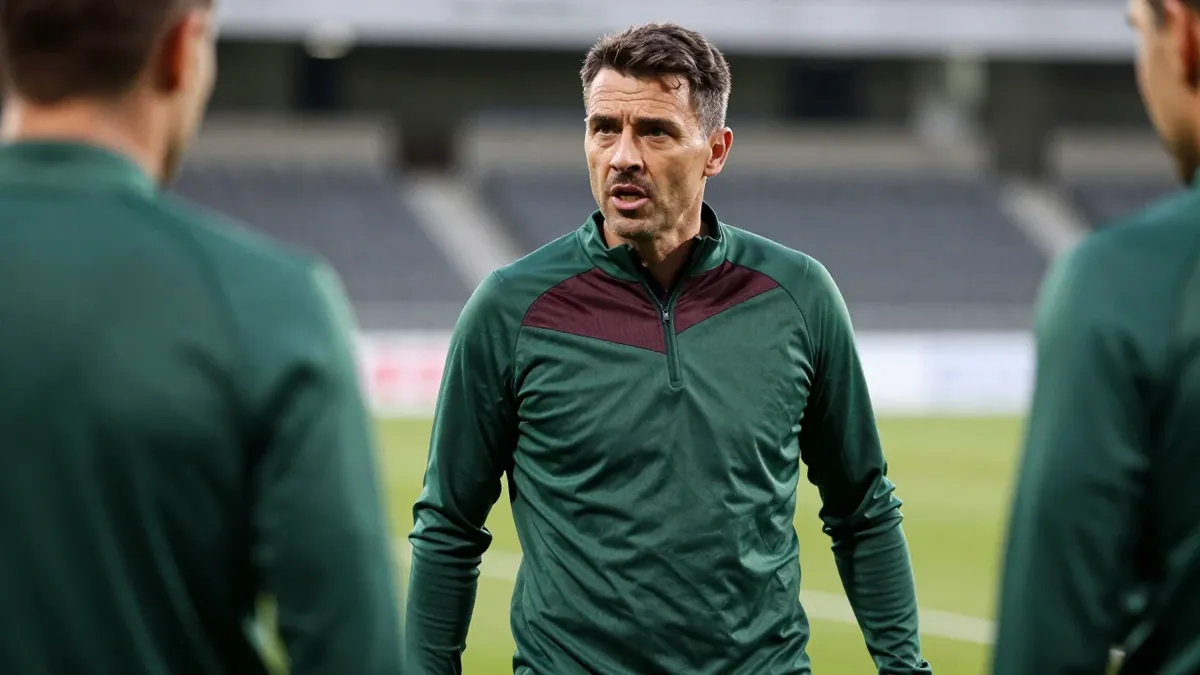 A tight, waist-up shot of a rugged, 35-year-old, dark-haired, athletic Le Mans FC coach, dressed in a plain, dark green...