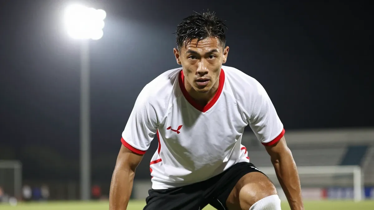 29-year-old striker, lean build, in action, head-and-shoulders, wearing a clean white jersey with red trim, black shorts...