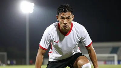 29-year-old striker, lean build, in action, head-and-shoulders, wearing a clean white jersey with red trim, black shorts...